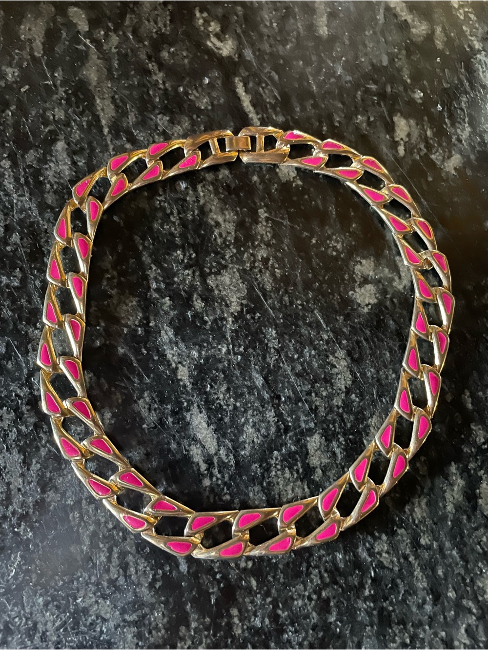 Gold Tone Link Necklace with Pink Enamel Accent